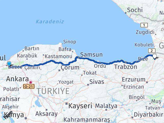 Düzce Kaynaşlı Artvin Arası Kaç Km - Yol Haritası
