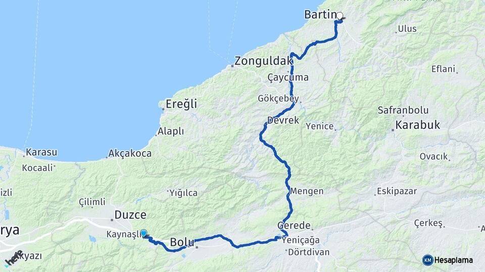 Düzce Kaynaşlı Bartın Arası Kaç Km - Yol Haritası