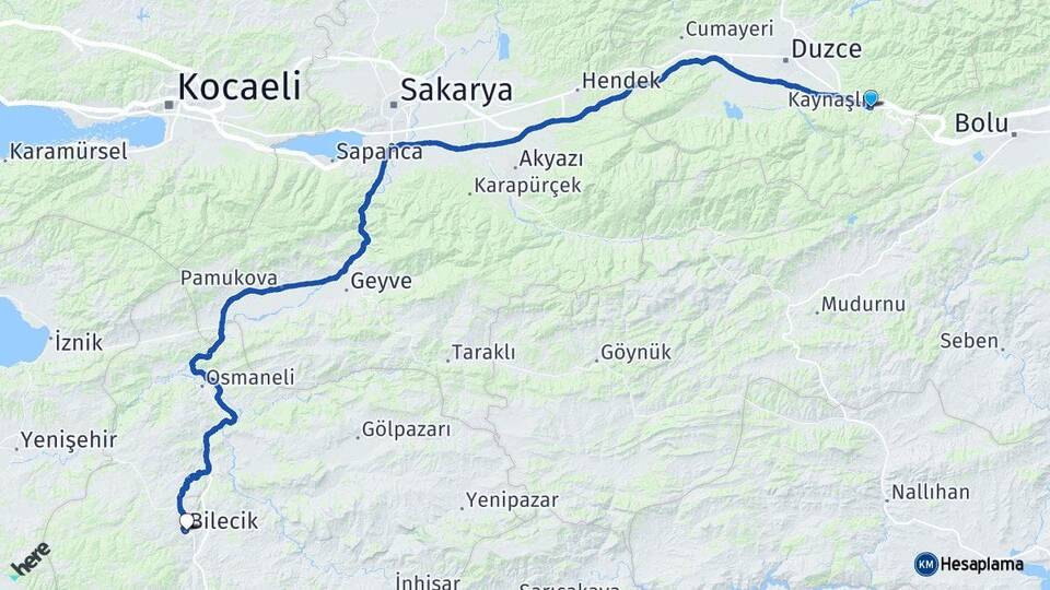 Düzce Kaynaşlı Bilecik Arası Kaç Km - Yol Haritası