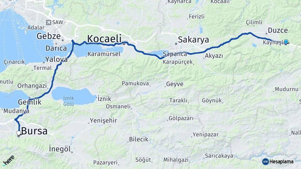 Düzce Kaynaşlı Bursa Arası Kaç Km - Yol Haritası