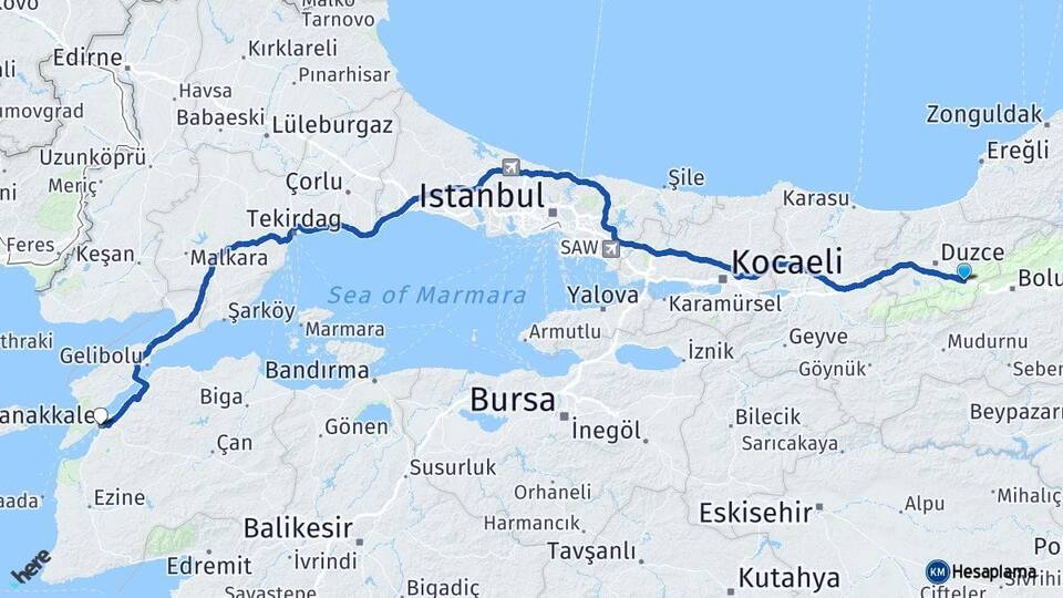 Düzce Kaynaşlı Çanakkale Arası Kaç Km - Yol Haritası