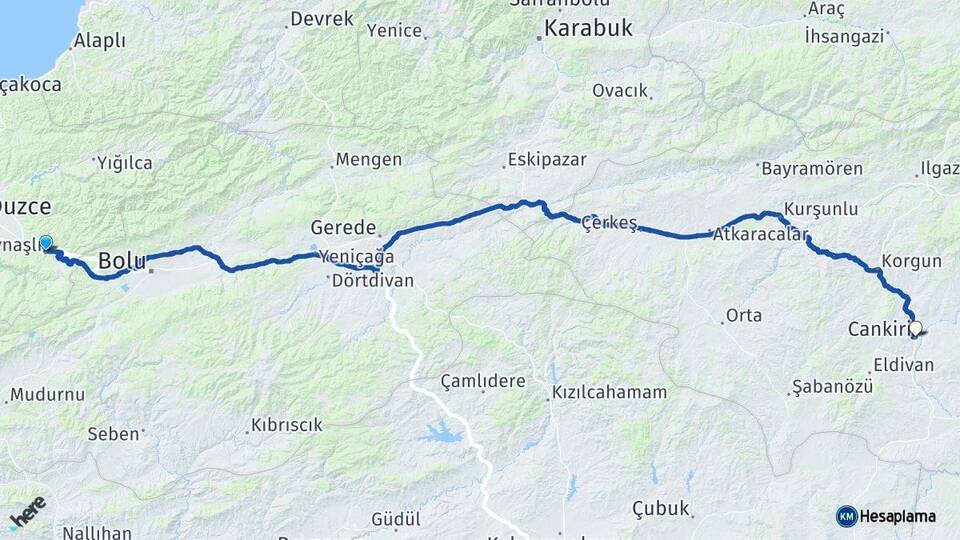 Düzce Kaynaşlı Çankırı Arası Kaç Km - Yol Haritası