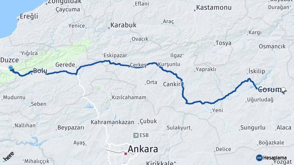 Düzce Kaynaşlı Çorum Arası Kaç Km - Yol Haritası