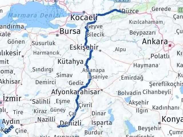 Düzce Kaynaşlı Denizli Arası Kaç Km - Yol Haritası