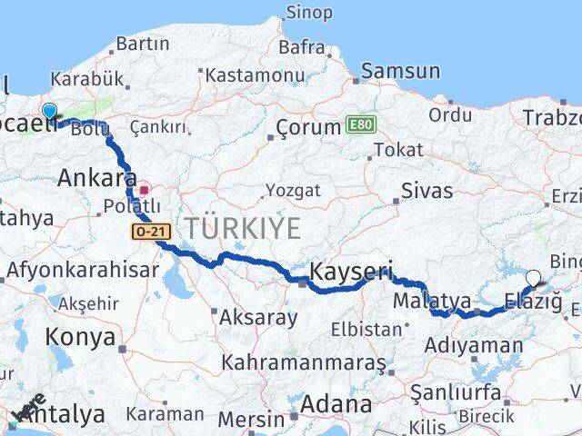 Düzce Kaynaşlı Elazığ Arası Kaç Km - Yol Haritası