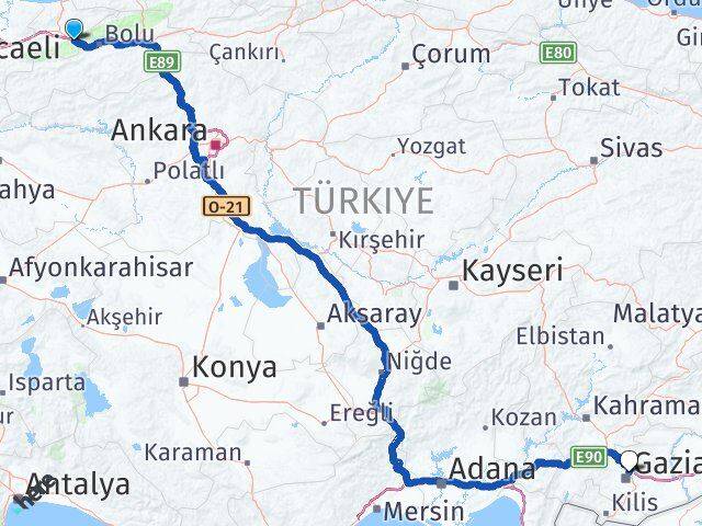 Düzce Kaynaşlı Gaziantep Arası Kaç Km - Yol Haritası