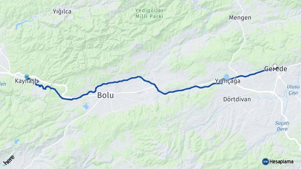 Düzce Kaynaşlı Gerede Bolu Arası Kaç Km - Yol Haritası