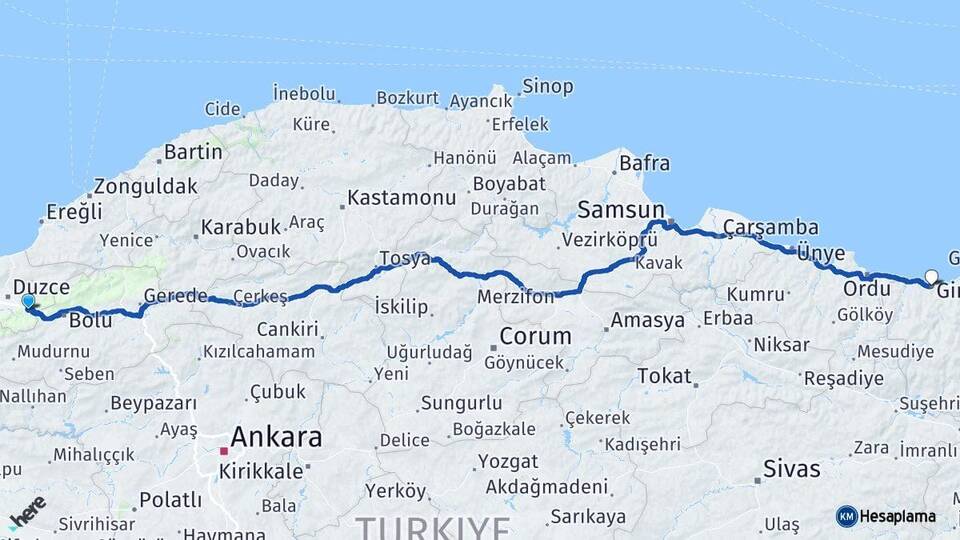 Düzce Kaynaşlı Giresun Arası Kaç Km - Yol Haritası