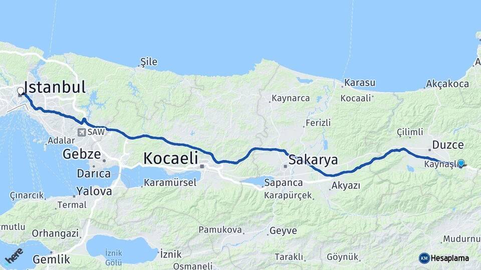Düzce Kaynaşlı İstanbul Arası Kaç Km - Yol Haritası