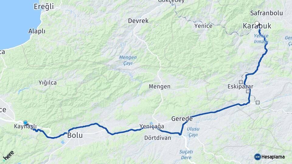 Düzce Kaynaşlı Karabük Arası Kaç Km - Yol Haritası