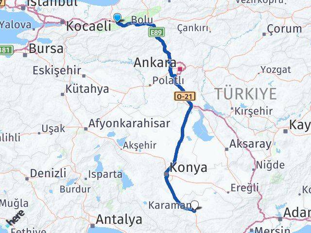 Düzce Kaynaşlı Karaman Arası Kaç Km - Yol Haritası