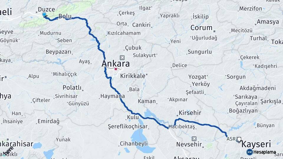Düzce Kaynaşlı Kayseri Arası Kaç Km - Yol Haritası