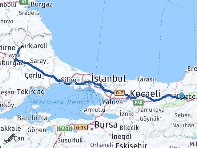 Düzce Kaynaşlı Kırklareli Arası Kaç Km - Yol Haritası