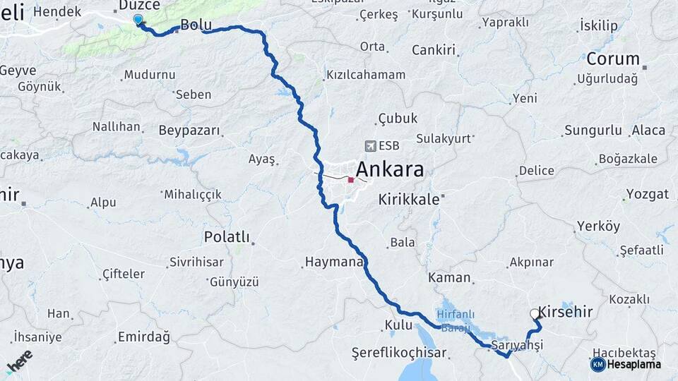 Düzce Kaynaşlı Kırşehir Arası Kaç Km - Yol Haritası