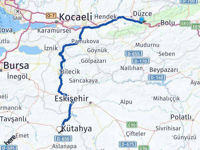 Düzce Kaynaşlı Kütahya Arası Kaç Km - Yol Haritası