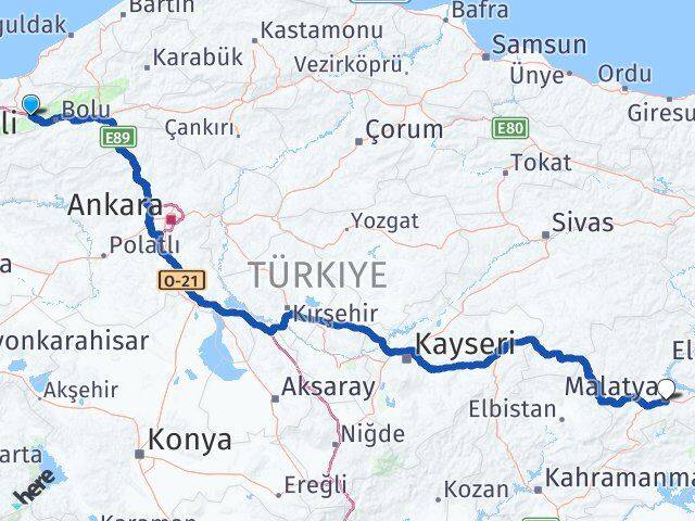 Düzce Kaynaşlı Malatya Arası Kaç Km - Yol Haritası