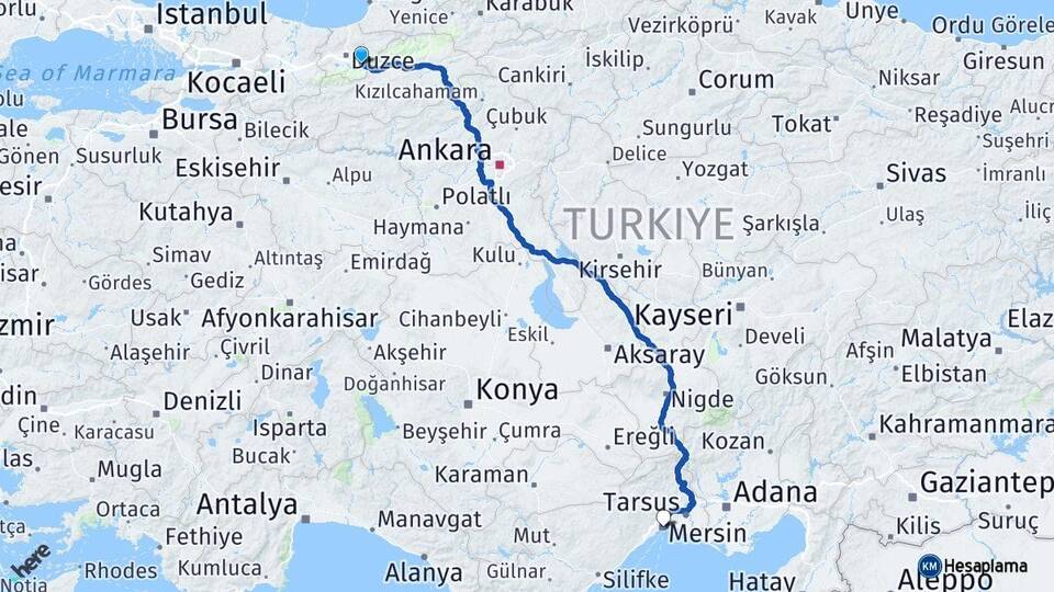 Düzce Kaynaşlı Mersin Arası Kaç Km - Yol Haritası