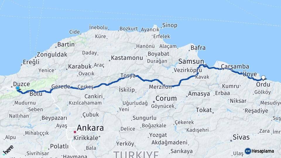 Düzce Kaynaşlı Ordu Arası Kaç Km - Yol Haritası