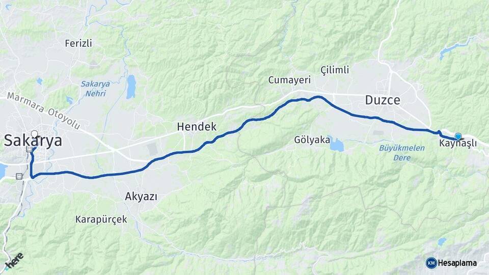 Düzce Kaynaşlı Sakarya Arası Kaç Km - Yol Haritası