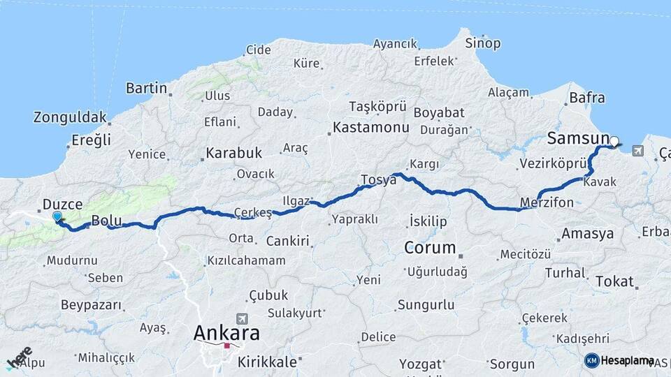 Düzce Kaynaşlı Samsun Arası Kaç Km - Yol Haritası