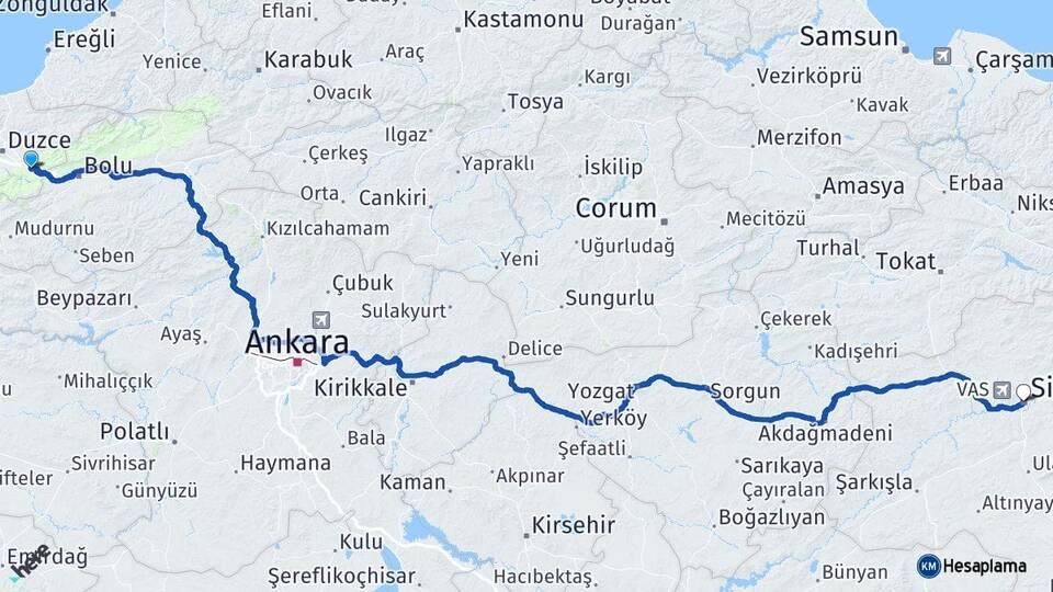 Düzce Kaynaşlı Sivas Arası Kaç Km - Yol Haritası
