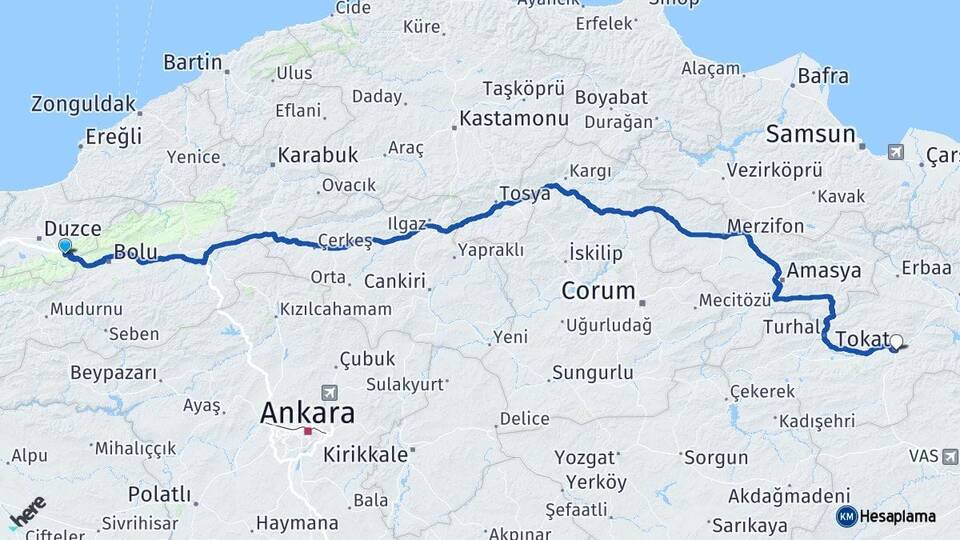Düzce Kaynaşlı Tokat Arası Kaç Km - Yol Haritası