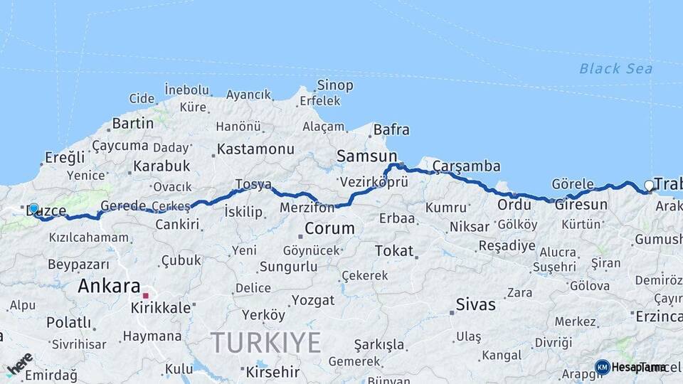 Düzce Kaynaşlı Trabzon Arası Kaç Km - Yol Haritası