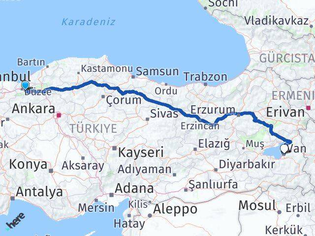 Düzce Kaynaşlı Van Arası Kaç Km - Yol Haritası