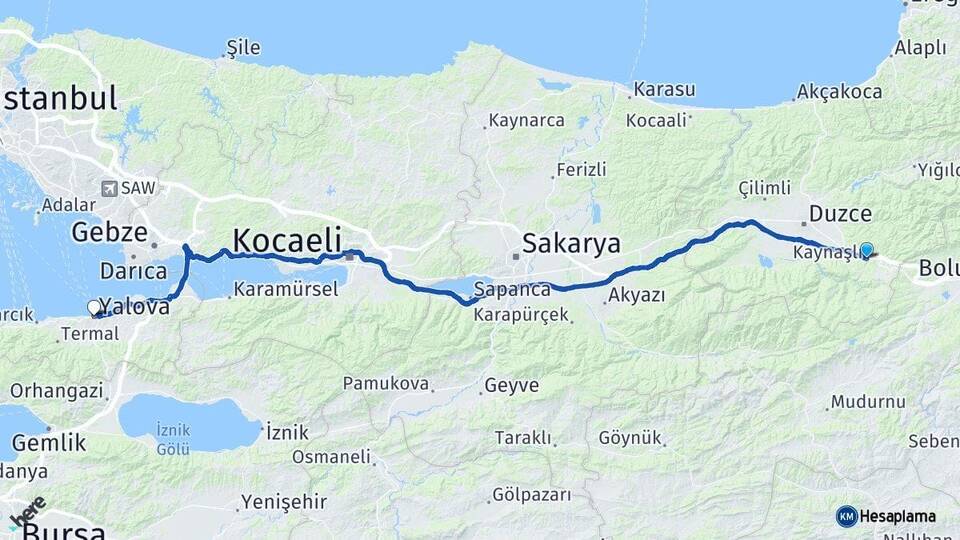 Düzce Kaynaşlı Yalova Arası Kaç Km - Yol Haritası