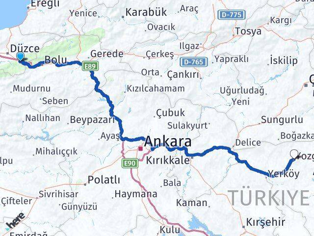 Düzce Kaynaşlı Yozgat Arası Kaç Km - Yol Haritası