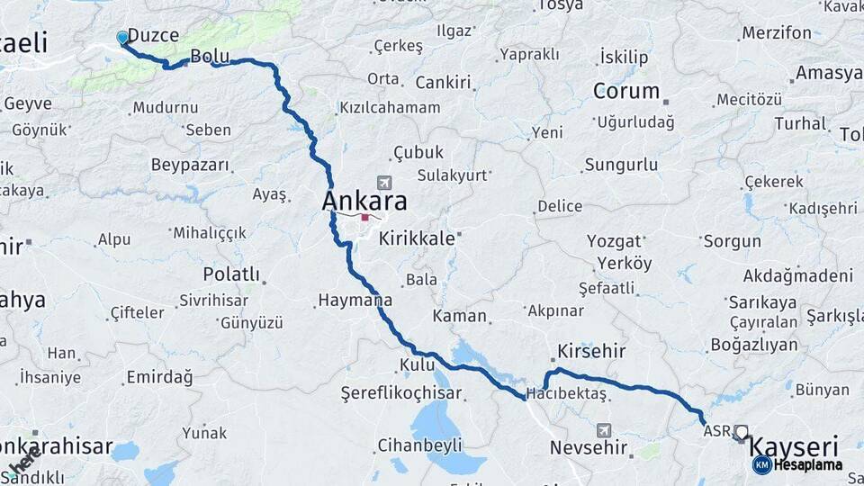 Düzce Kayseri Arası Kaç Km - Yol Haritası