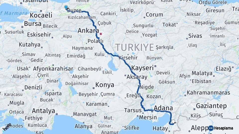 Düzce Kırıkhan Hatay Arası Kaç Km - Yol Haritası