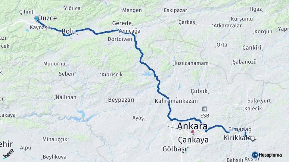 Düzce Kırıkkale Arası Kaç Km - Yol Haritası