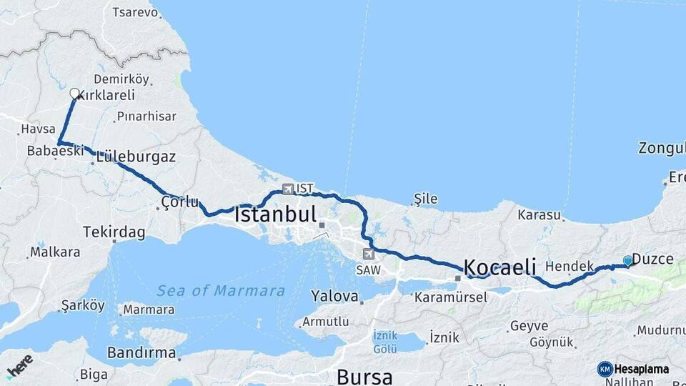 Düzce Kırklareli Arası Kaç Km - Yol Haritası