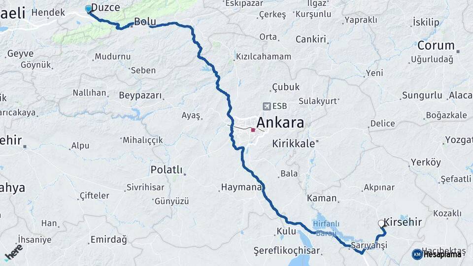 Düzce Kırşehir Arası Kaç Km - Yol Haritası