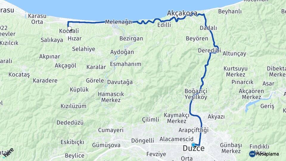 Düzce Kocaali Sakarya Arası Kaç Km - Yol Haritası