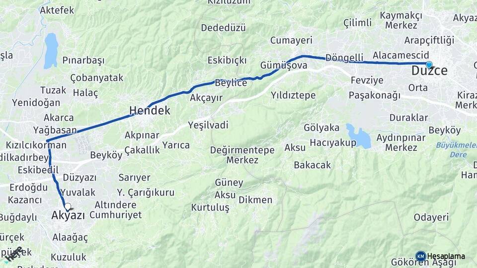 Düzce Konuralp Akyazı Sakarya Arası Kaç Km - Yol Haritası