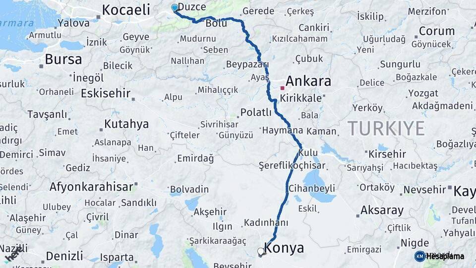 Düzce Konya Arası Kaç Km - Yol Haritası