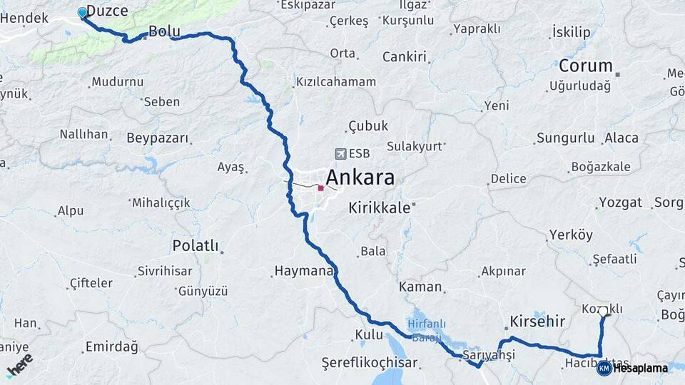 Düzce Kozaklı Nevşehir Arası Kaç Km - Yol Haritası
