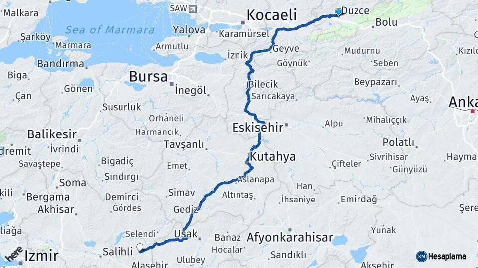 Düzce Kula Manisa Arası Kaç Km - Yol Haritası