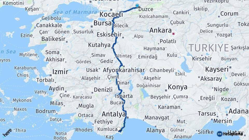 Düzce Kumluca Antalya Arası Kaç Km - Yol Haritası