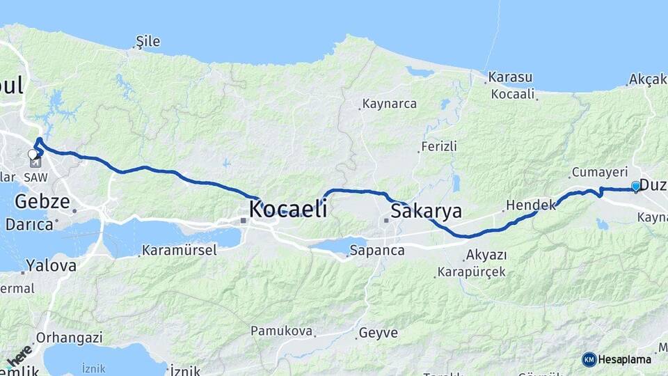 Düzce Kurtköy Pendik İstanbul Arası Kaç Km - Yol Haritası