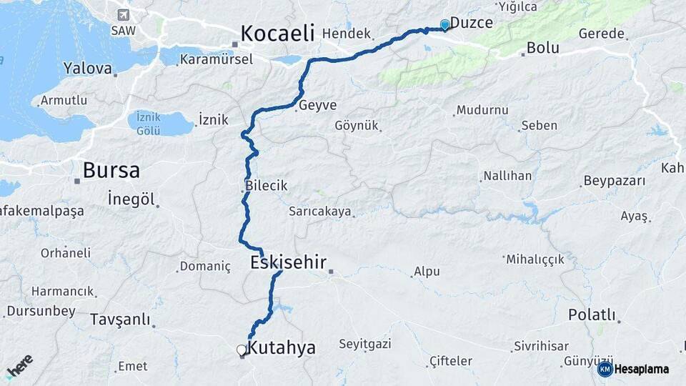 Düzce Kütahya Arası Kaç Km - Yol Haritası