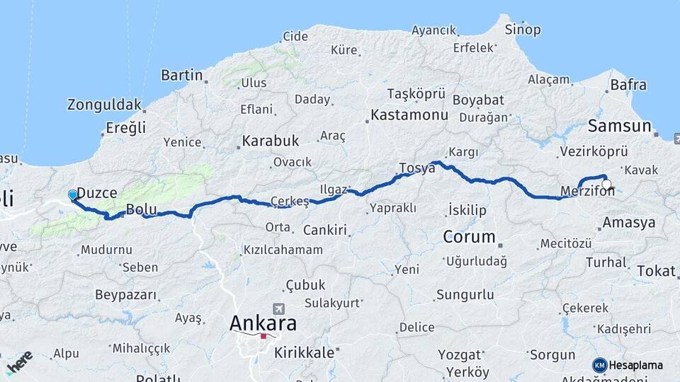 Düzce Ladik Samsun Arası Kaç Km - Yol Haritası