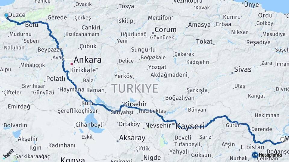 Düzce Malatya Arası Kaç Km - Yol Haritası