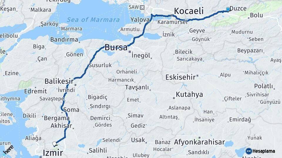 Düzce Manisa Arası Kaç Km - Yol Haritası