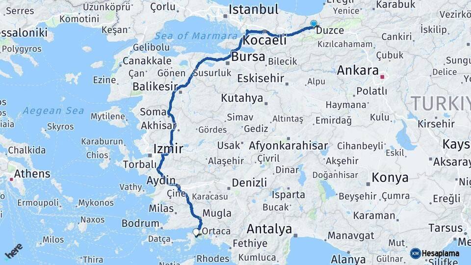 Düzce Marmaris Muğla Arası Kaç Km - Yol Haritası