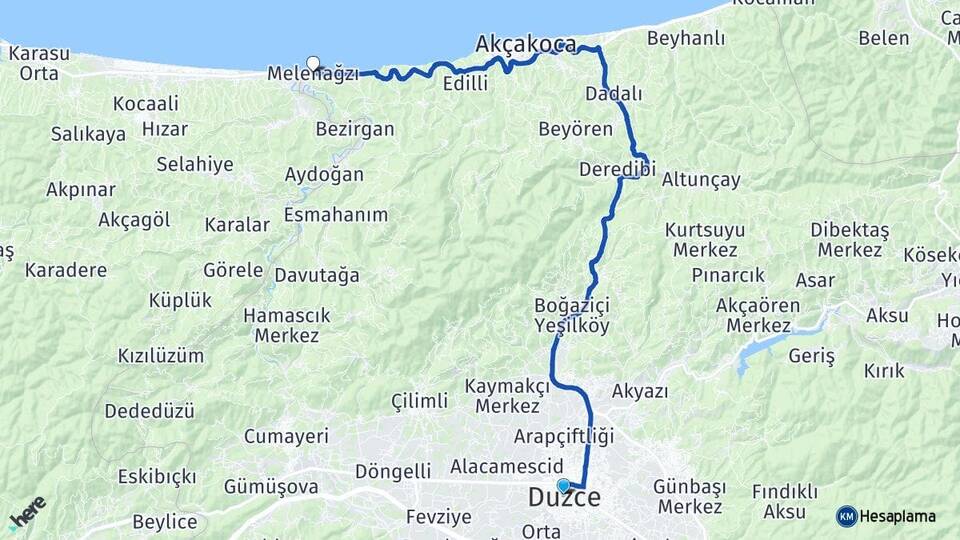 Düzce Melenağzı Akçakoca Arası Kaç Km - Yol Haritası