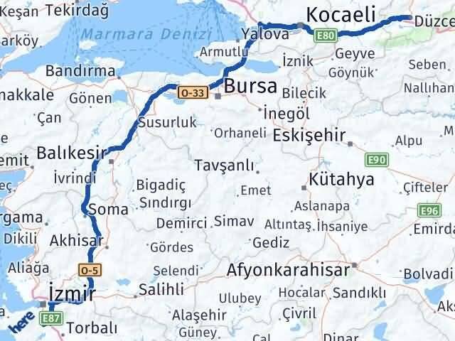 Düzce Menderes İzmir Arası Kaç Km - Yol Haritası