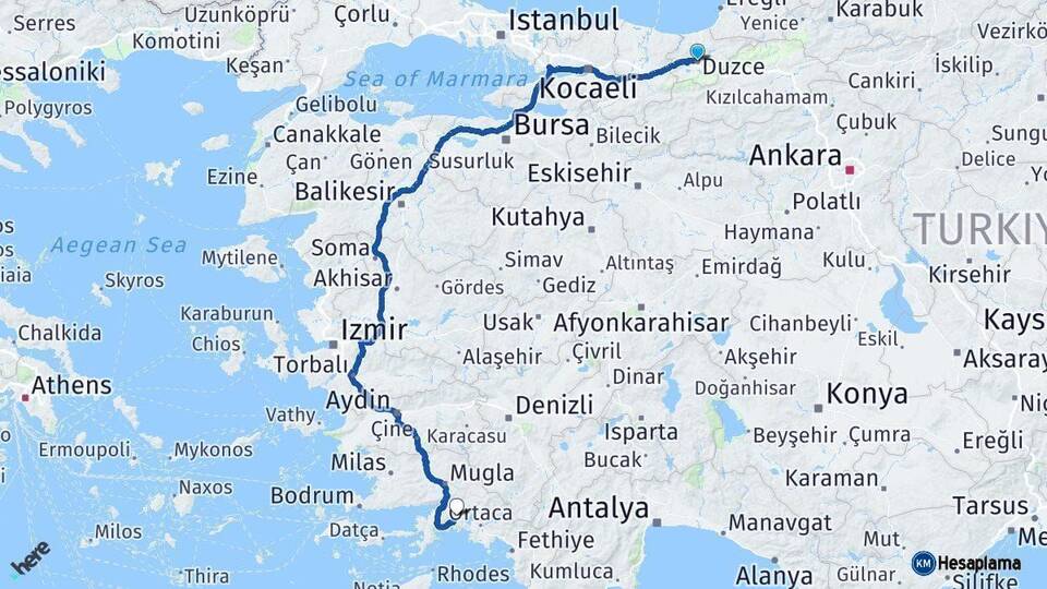 Düzce Muğla Arası Kaç Km - Yol Haritası